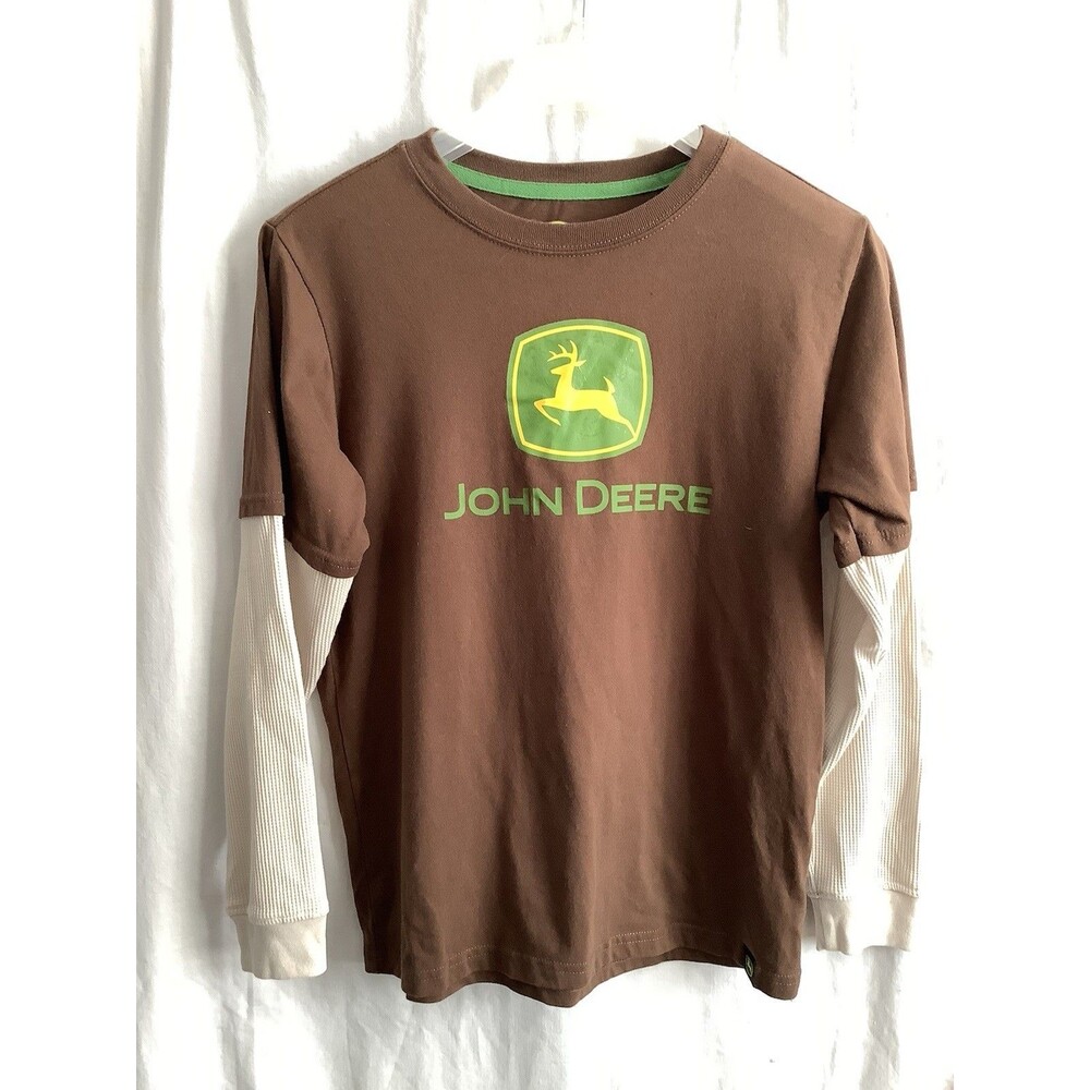 John Deere Unisex Long Sleeve T Shirt Children’s Size XL 14/16 In Brown W/Logo